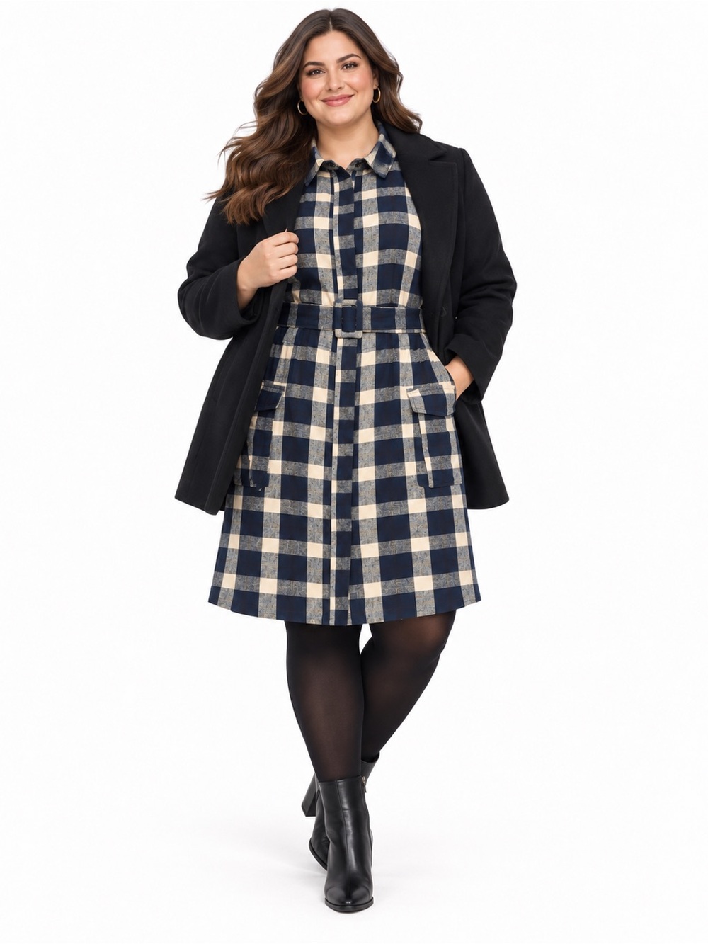ASOS DESIGN Curve Women’s US 22 Plaid Belted Utility Shirt Dress Navy Cream